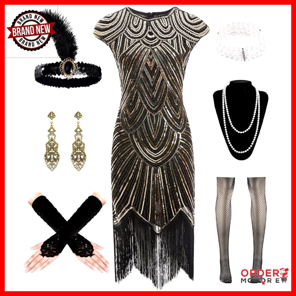 Vintage 1920s Flapper Dress Sequin Fringe Cocktail Dress With Accessories Set
